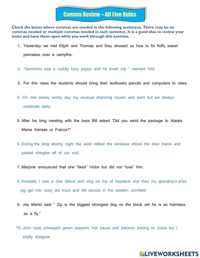 Comma Rules for Kids worksheet focusing on correct comma placement in sentences Fourth grade worksheet teaching five comma rules with sentences to edit