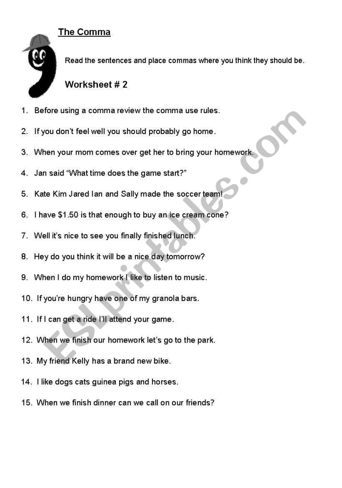 Comma Rules for Kids worksheet image 18 showing exercises on punctuation Fourth grade worksheet teaching five comma rules with practice sentences