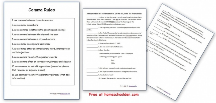 Comma Rules for Kids worksheet focusing on adding missing commas in sentences Fourth grade worksheet teaching five comma rules with sentences to complete
