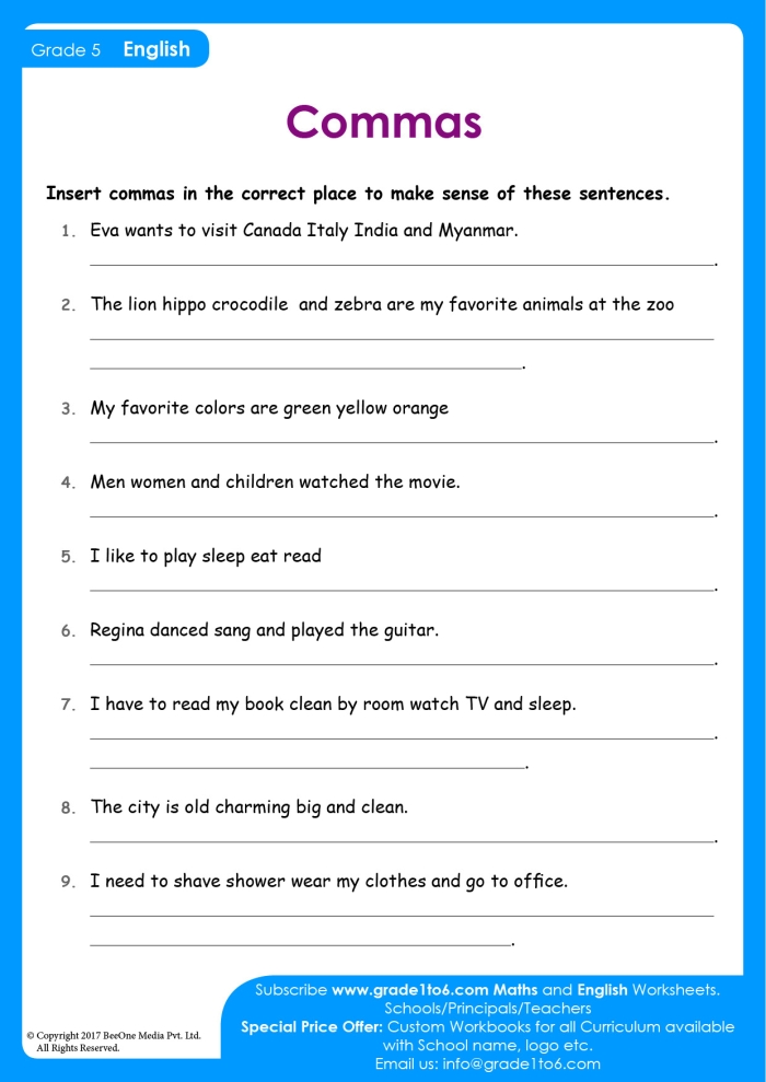 Worksheet 5 for practicing comma placement in a fun veggie-themed activity Fourth grade Punctuate Me worksheet featuring commas with vegetable illustrations