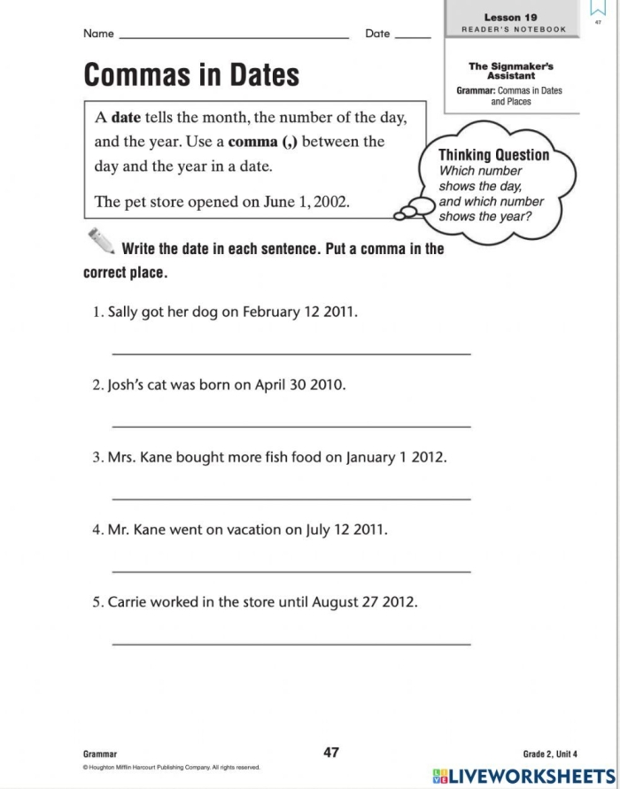 Punctuate Me: Using Commas worksheet number six for fourth graders focused on punctuation skills Fourth Grade worksheet on using commas with a fun vegetable theme for time and money lessons