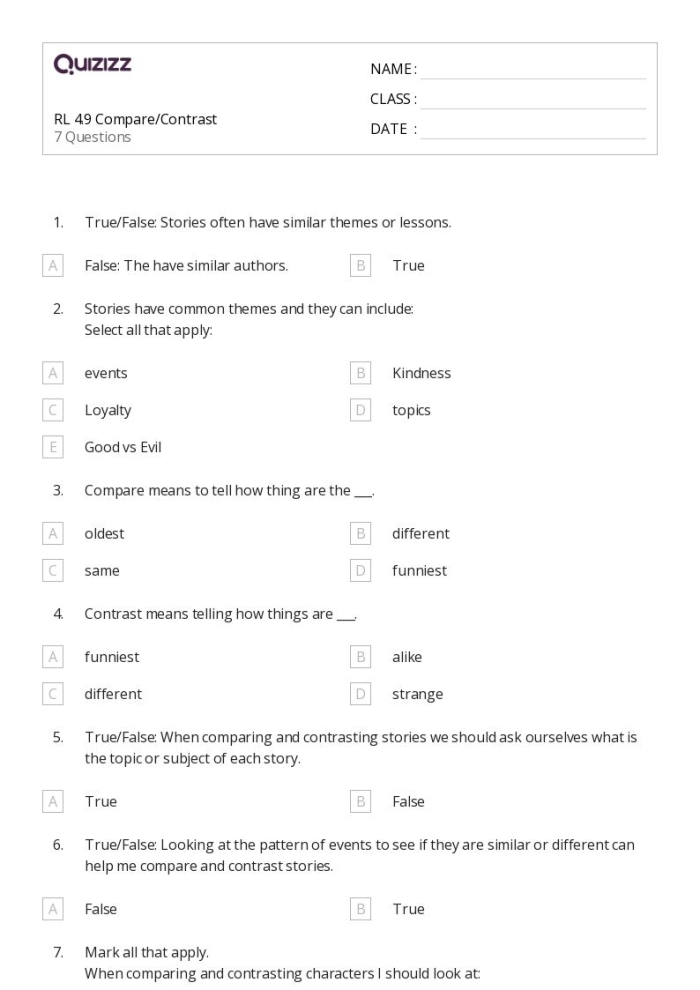 Fourth Grade reading worksheet comparing supporting characters in classic stories