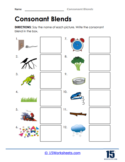 Phonics and spelling practice worksheet focusing on common consonant blends for fourth graders