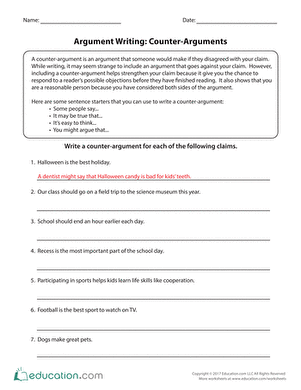 Worksheet for fourth graders on writing counter-arguments and rebuttals in argument writing