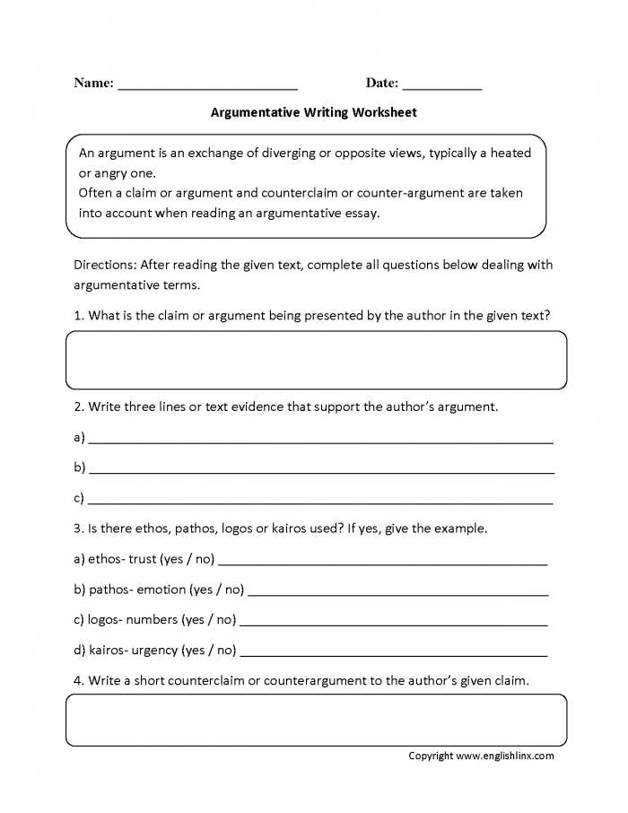 Worksheet for fourth graders on writing counter-arguments and rebuttals in argument writing