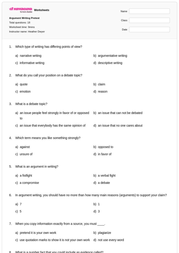 Worksheet for fourth graders focusing on writing counter-arguments and rebuttals. Argument Writing: Counter-Arguments worksheet for practicing critical thinking skills.