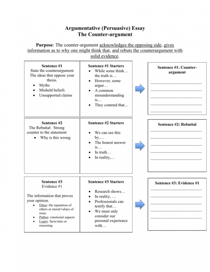 Worksheet for fourth graders focusing on counter-arguments and rebuttals in argument writing