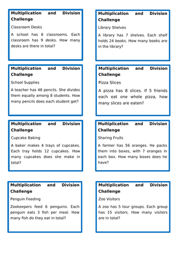 Division word problem cards designed for fourth-grade students to enhance their skills. Worksheet featuring engaging division challenges for practicing math concepts.