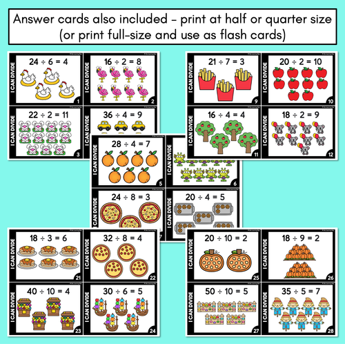 Division word problem cards designed for fourth-grade students' practice