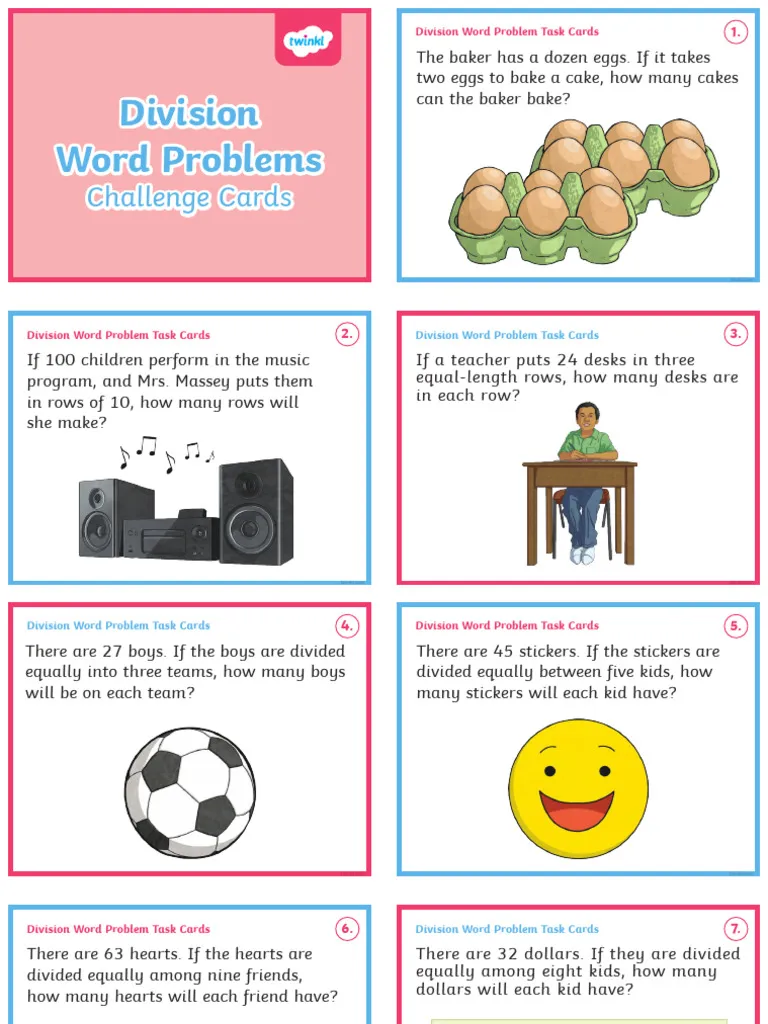 Division Word Problem Cards worksheet for fourth-grade students practicing division skills