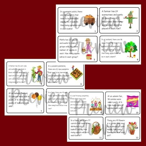 Division Word Problem Cards worksheet for fourth-grade students to enhance their skills