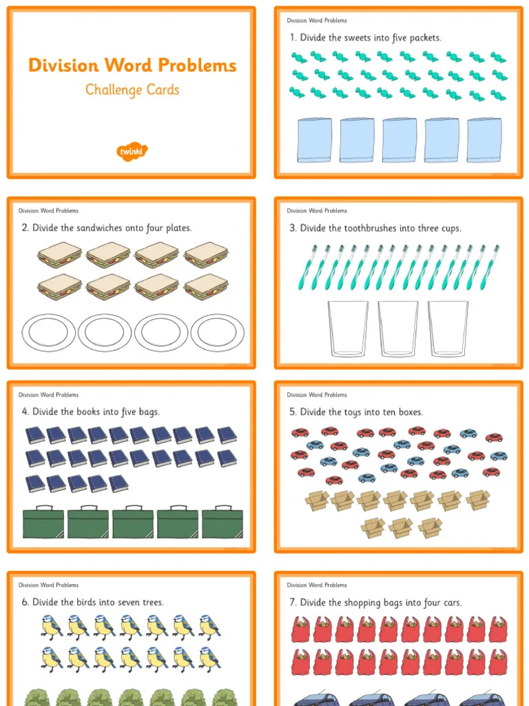 Division word problem cards for fourth-grade students to enhance their math skills
