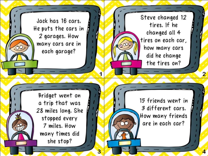 Division Word Problem Cards worksheet for fourth graders practicing division skills. Engaging activity to enhance students' understanding of division through word problems.