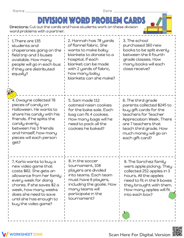 Division word problem cards for fourth-grade students to enhance their math skills. Engaging worksheet for practicing division through real-life scenarios.