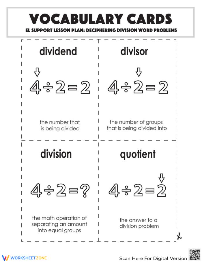 Division word problem cards for fourth-grade students to enhance their math skills
