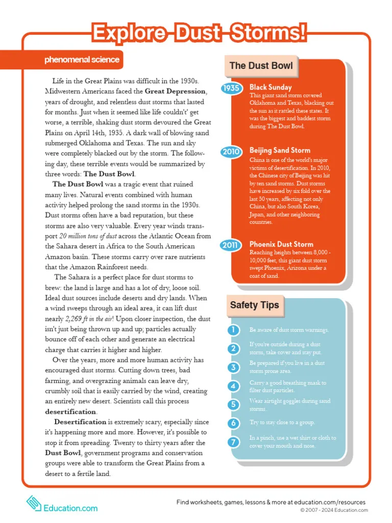 Reading worksheet for Fourth Grade A fourth-grade student exploring a dust storms worksheet filled with informative content. Engaging worksheet on the fascinating nature of dust storms for young readers.