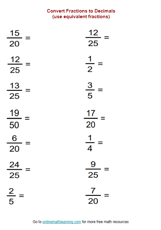 Fourth grade equivalent fractions and decimals practice worksheet with visual fraction models and conversion exercises