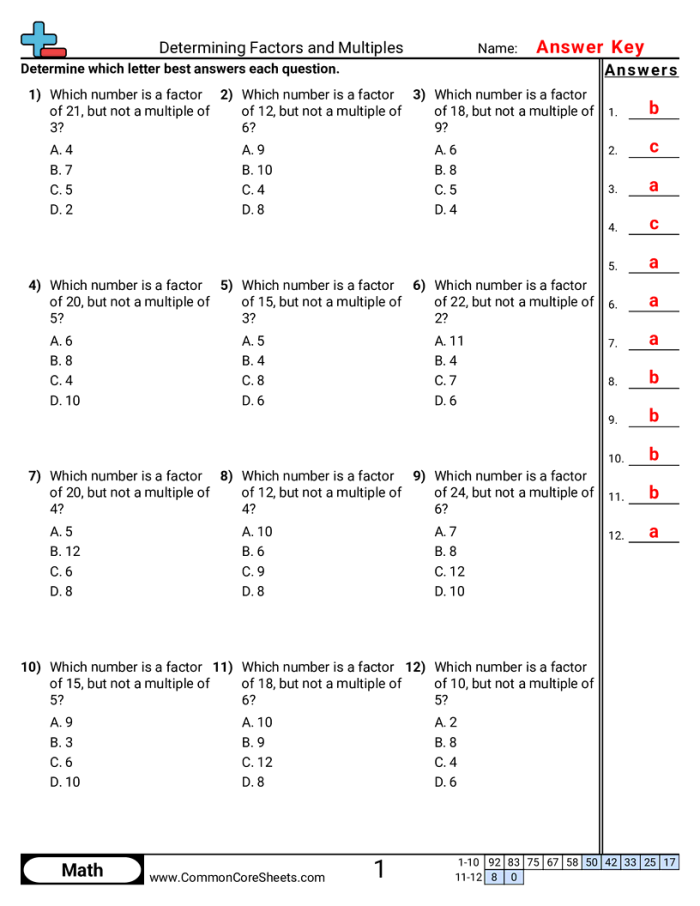 Factor or Not worksheet for practicing factor recognition in fourth grade math Fourth Grade Factor or Not worksheet focusing on identifying factors of numbers