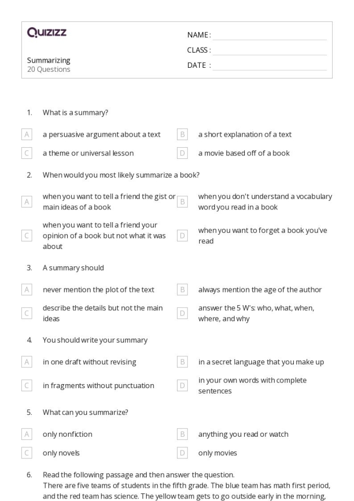 Visual guide for students on writing effective summaries of fictional stories using a structured format. Paragraph Frame for Summarizing Fiction worksheet for fourth graders showcasing sequence words.