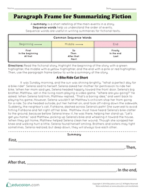 Illustration of the Paragraph Frame for Summarizing Fiction Worksheet, Grade 4 Worksheet featuring a Paragraph Frame for summarizing fictional stories for fourth graders