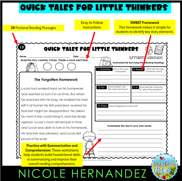 Illustration of a summarization worksheet designed for young learners in the Time and Money category Worksheet featuring a Paragraph Frame for Summarizing Fiction stories for fourth graders