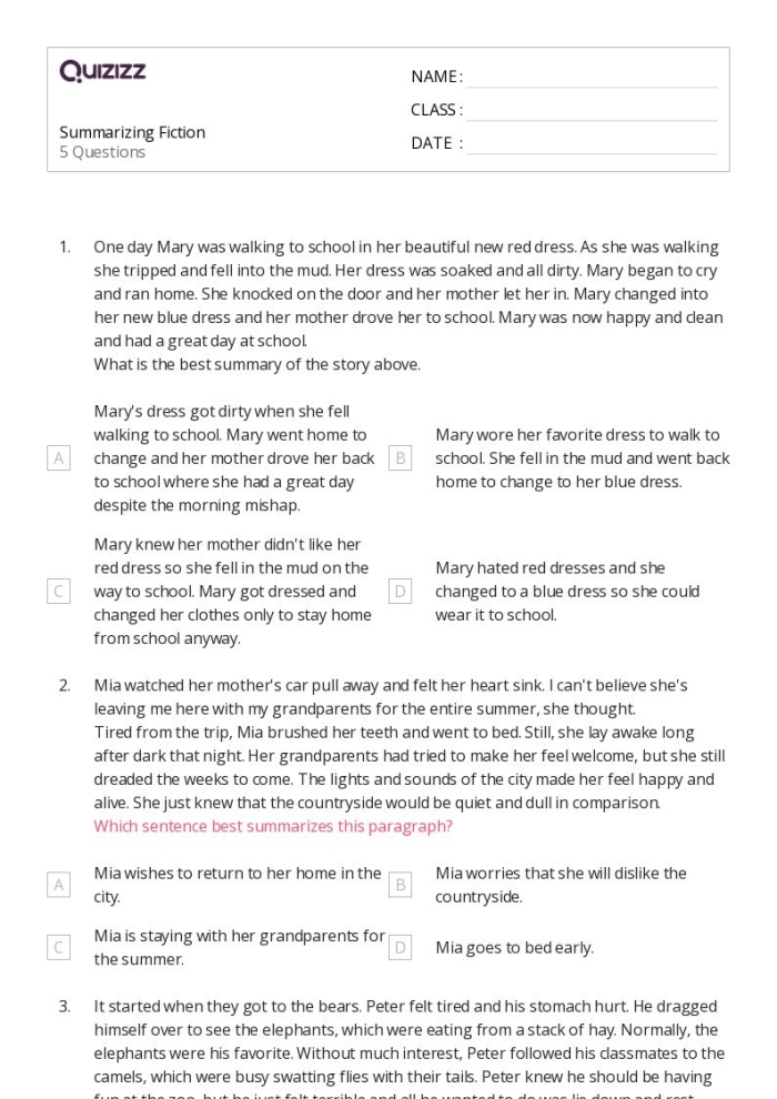 Visual guide for using a summarizing framework in fiction writing activities Worksheet featuring a Paragraph Frame for Summarizing Fiction for fourth graders