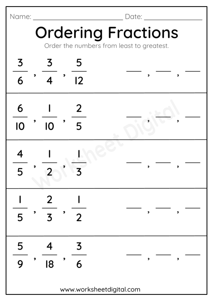 Fourth grade students comparing fractions to find the least and greatest values on a worksheet