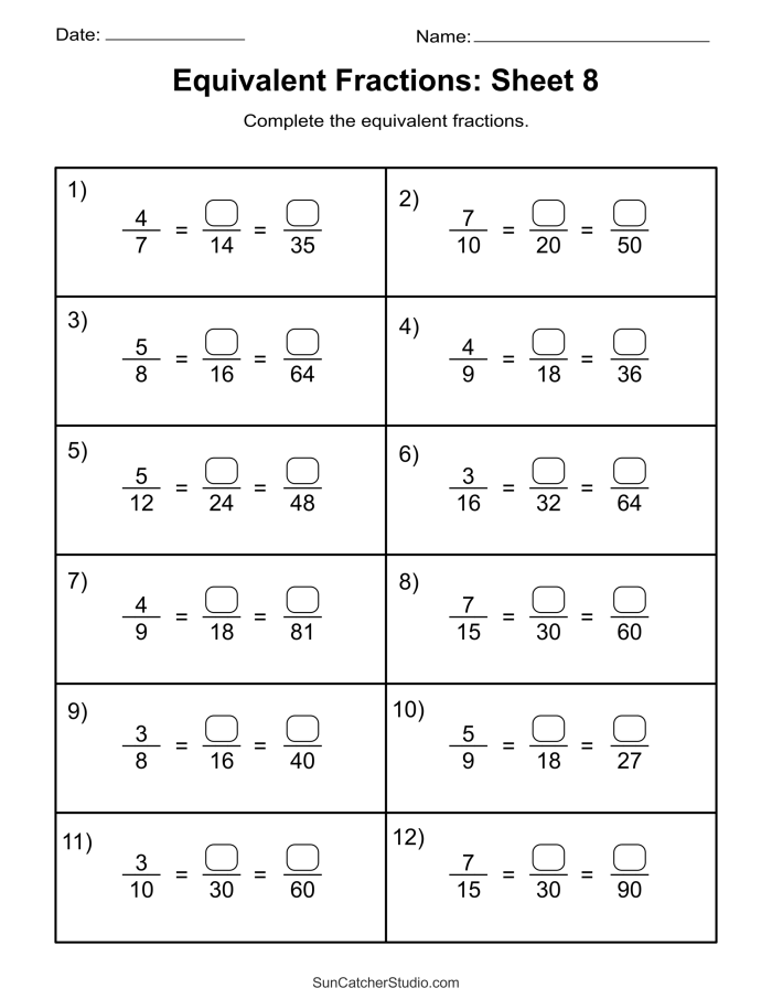Fourth grade equivalent fractions and decimals practice worksheet with visual fraction models and decimal conversion exercises