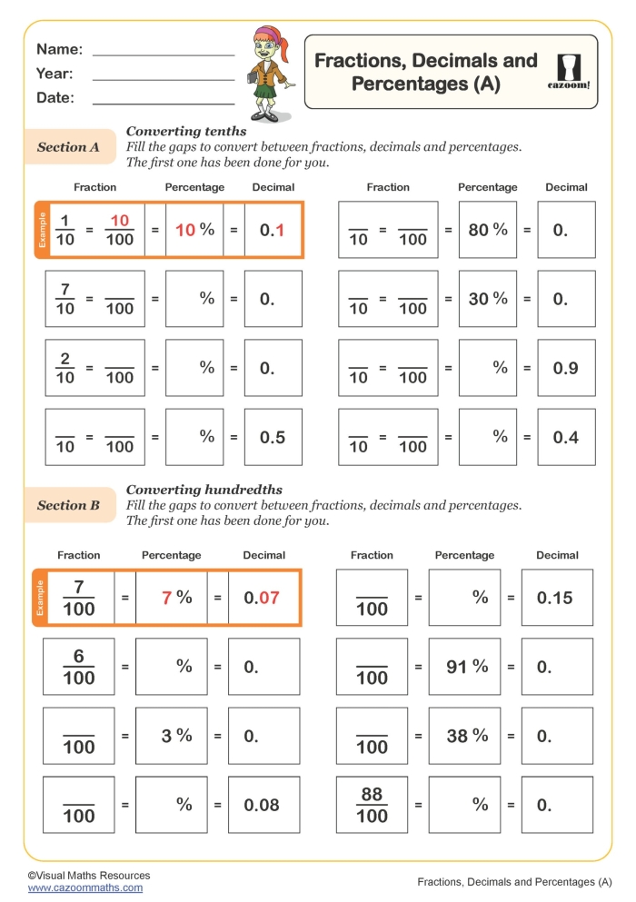 Fourth grade equivalent fractions and decimals practice worksheet with visual fraction models and conversion exercises