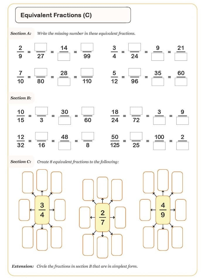 Fourth grade equivalent fractions and decimals practice worksheet with visual fraction models and decimal conversion exercises