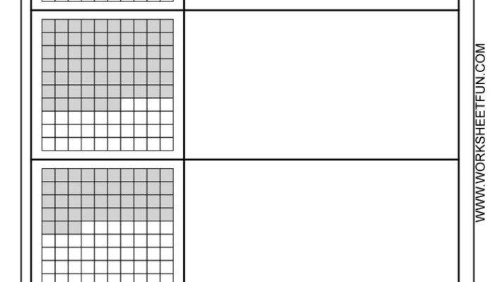 Blank worksheet showing fraction and decimal models for fourth grade math practice