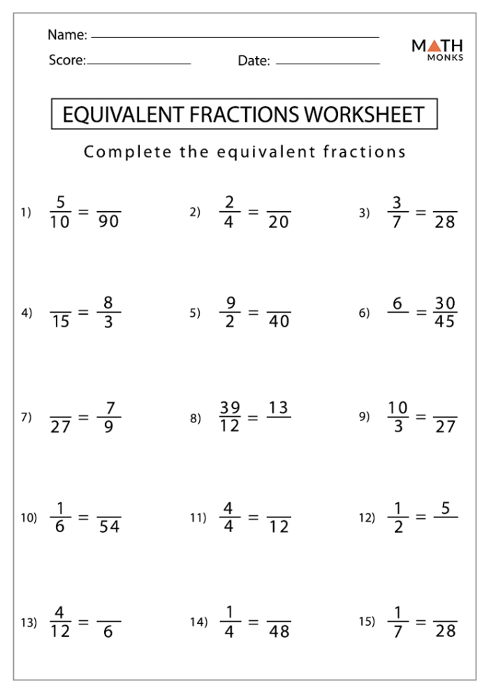 Fourth grade math worksheet showing equivalent fractions and decimals practice problems with visual fraction models