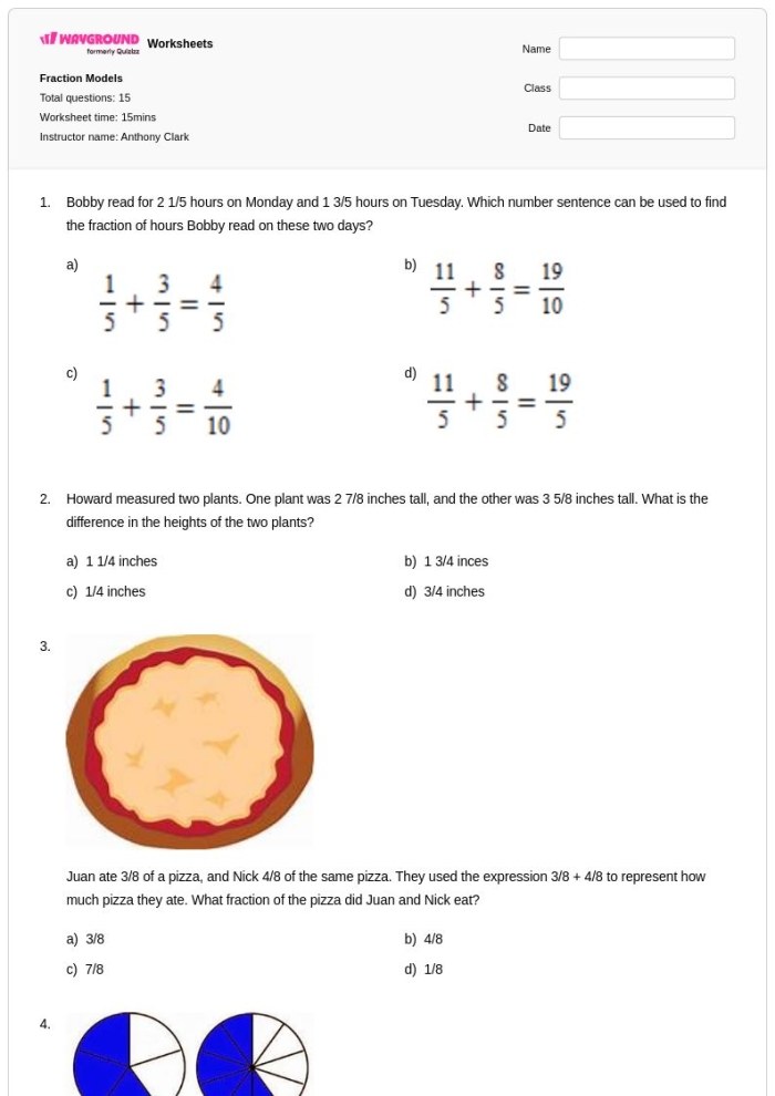 Blank fraction and decimal models worksheet for fourth grade math practice