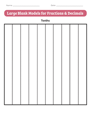 Blank fraction and decimal models worksheet for fourth grade math practice