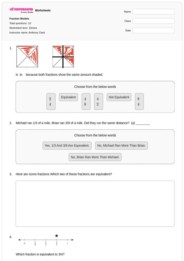 Blank fraction and decimal models worksheet for fourth-grade math practice