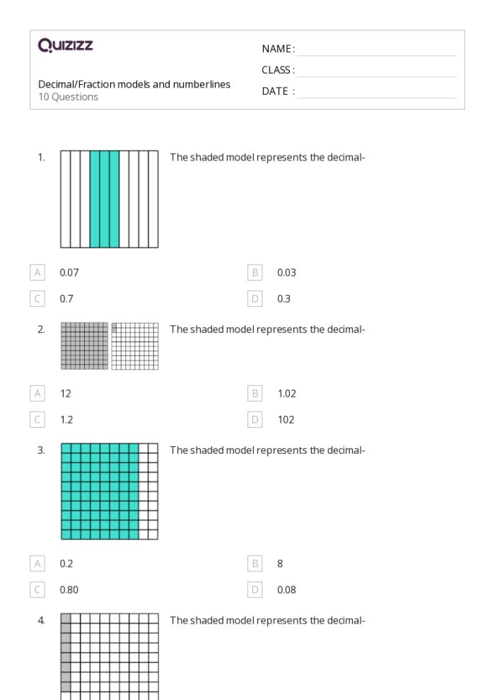 Blank fraction and decimal models worksheet for fourth grade math practice