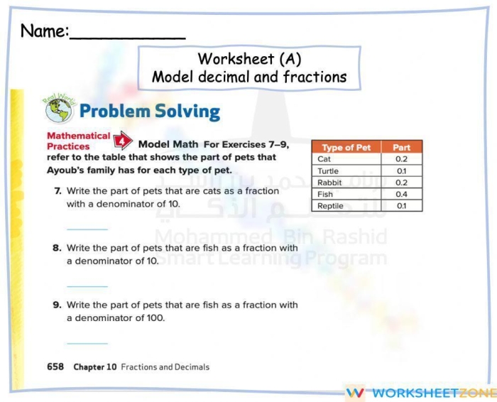 Blank worksheet featuring fraction and decimal models for fourth grade math practice