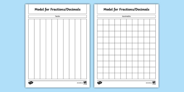 Blank fraction and decimal models worksheet for fourth grade math practice