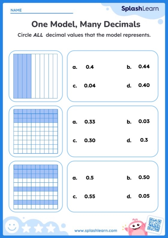 Blank templates showing fractions and decimals for fourth grade math practice
