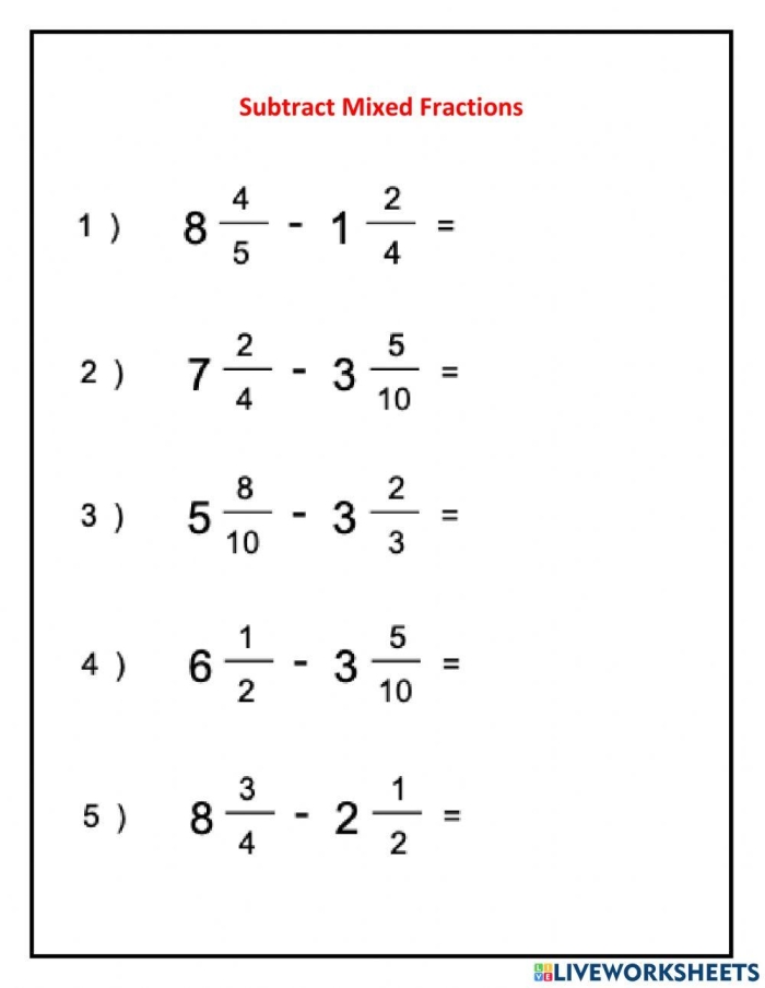 Fourth grade worksheet on subtracting mixed fractions with like denominators and regrouping
