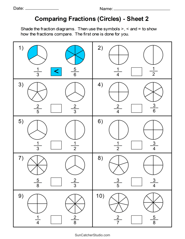 Fourth Grade worksheet comparing fractions to find least and greatest in a sequence