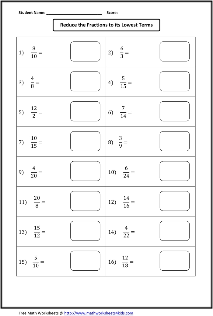 Simplifying Fractions Practice Sheet for Fourth Grade Students Fourth grade worksheet focused on simplifying fractions for skill practice
