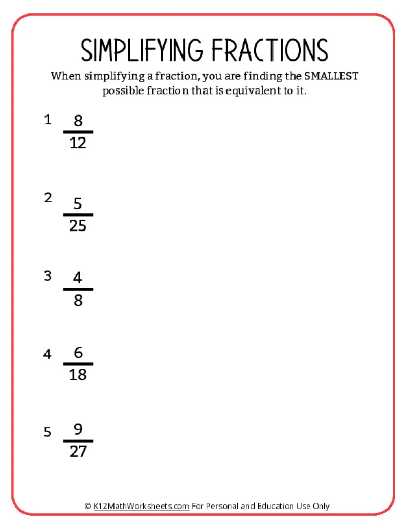 Skill Practice 3 Simplifying Fractions worksheet for fourth graders preparing for tests Fourth grade worksheet focused on simplifying fractions for skill practice