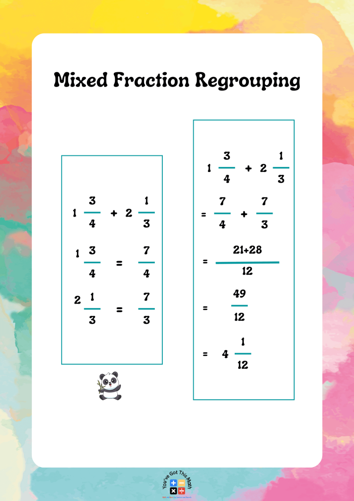 Fourth grade worksheet on subtracting mixed fractions with like denominators featuring regrouping exercises