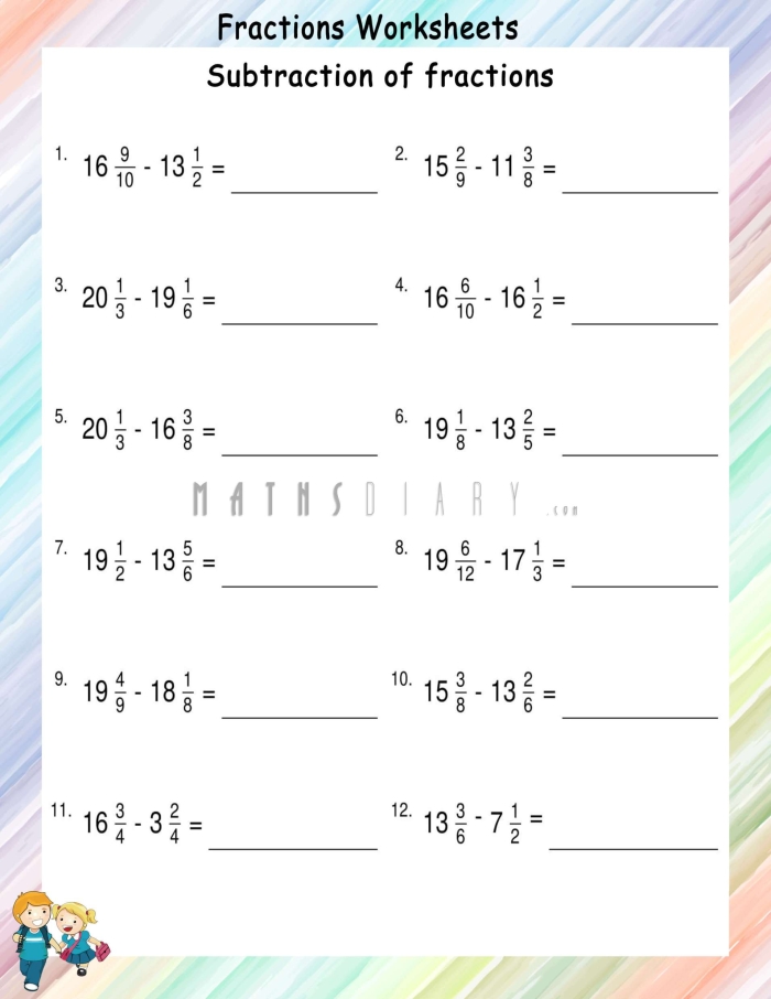 Fourth grade geometry worksheet for subtracting mixed fractions with like denominators and regrouping