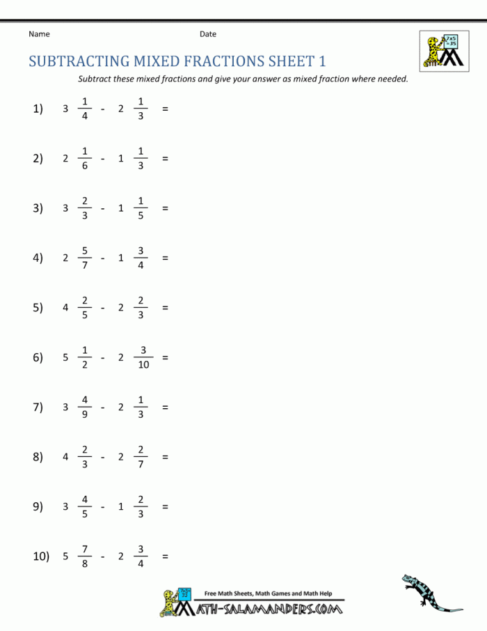 Fourth grade worksheet practicing mixed fraction subtraction with like denominators and regrouping