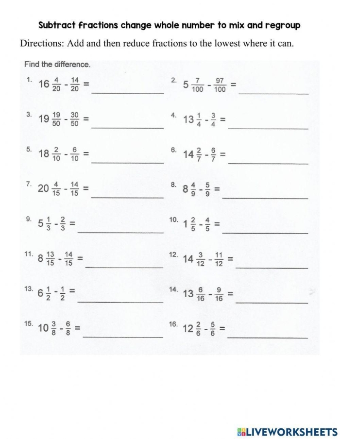 Fourth grade worksheet for subtracting mixed fractions with like denominators and regrouping