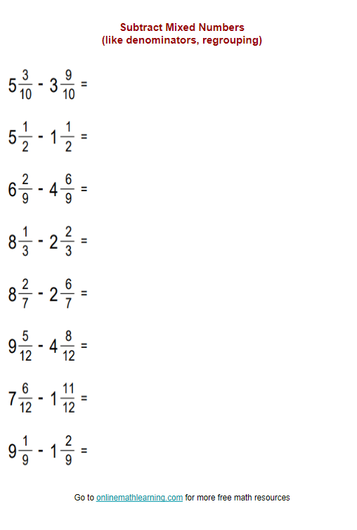Fourth grade mixed fraction subtraction worksheet focusing on regrouping with like denominators
