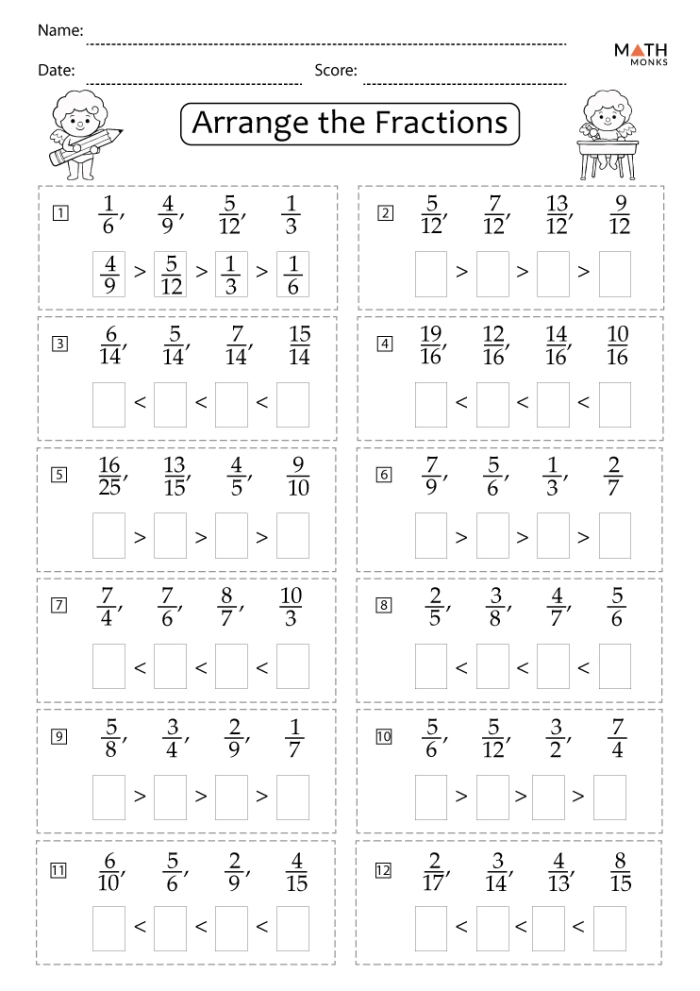 Fourth grade worksheet on comparing fractions to find least and greatest values