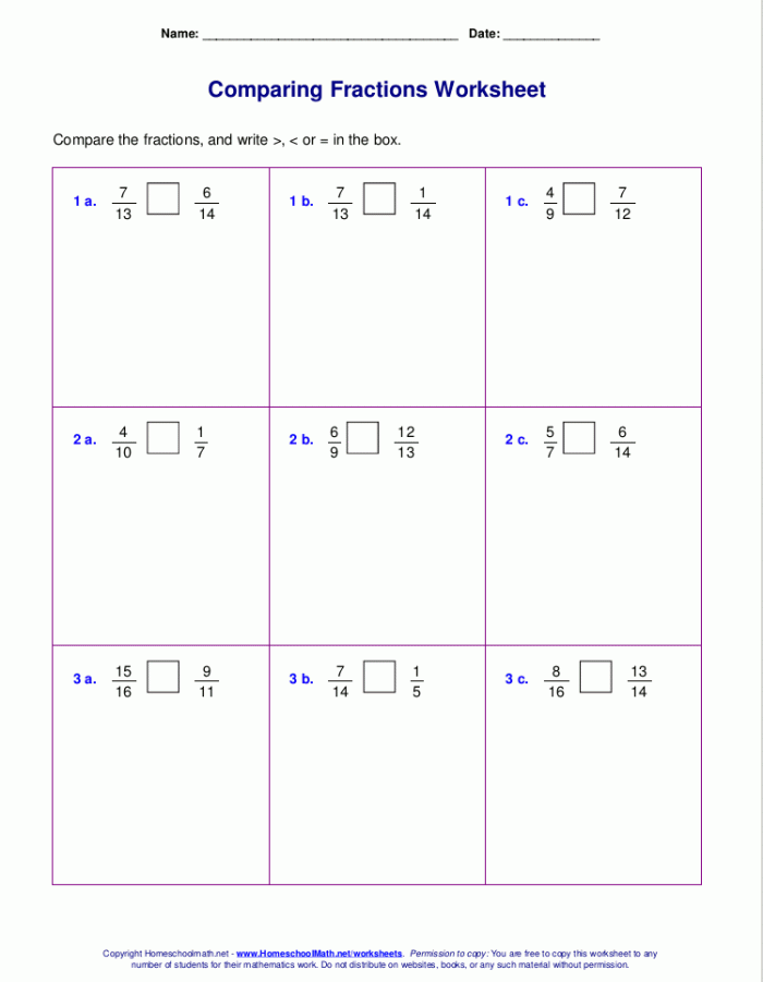 Fourth grade worksheet showing how to compare fractions to find the least and greatest values